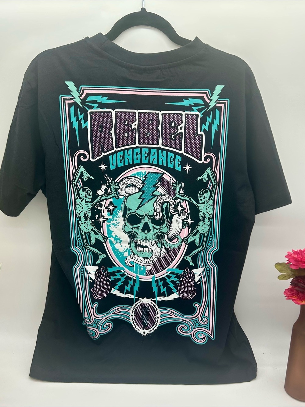 grunge, rebel skater dark Rebels Black Tee with Mint and Purple Skull Graphic